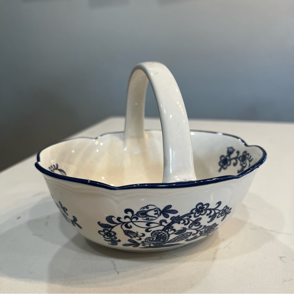 White Ceramic Basket with Blue Floral Pattern